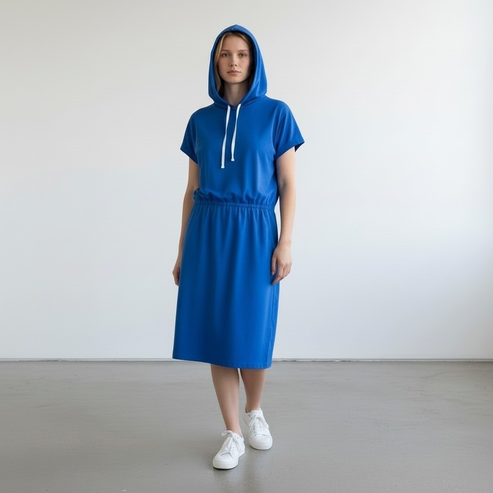 J Jason Wu Hooded Midi Dress 1X Blue Drawstring Casual Athleisure Pockets